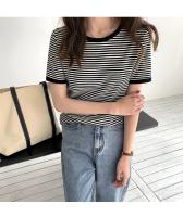 Camiseta de manga corta a rayas para mujer, novedad de verano, versión coreana, Top holgado Retro con ajuste en contraste y cuello redondo, moda informal para mujer - details 12