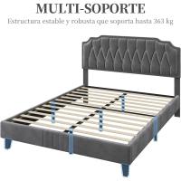 Tapizado en terciopelo Cama de matrimonio con cabecera ajustable en altura Marco de cama Soporte con listones de madera 160 × 200 cm Beige - details 34