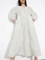 Vestido midi de verano elegante de manga larga con cuello redondo y lazo en la parte delantera A-e para mujer - details 9