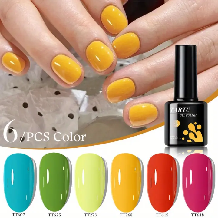 TARTU Juego de 6 uñas de gel semipermanente de 0.3 fl oz, color rosa, rojo, azul, verde, marrón, amarillo, kit de esmalte de gel semipermanente de 6 colores, remojo para UV/Led, para salón y arte de uñas DIY en casa para niñas de regalo - 1