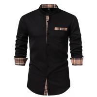 Printemps hommes col montant Henry chemise décontracté Bloque de couleur a cuadros à manches longues chemises hommes d 'affaires bureau Blusa trabajo diario - details 1