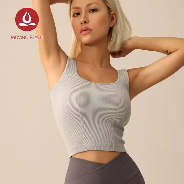 Camiseta sin mangas de Yoga acanalada de melocotón móvil, Top corto deportivo de soporte alto, Top de gimnasio de doble capa, engrosamiento, cuello cuadrado, almohadillas de sujetador fijas EVH - 1