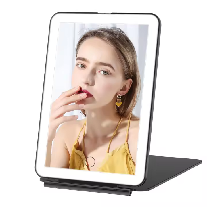 FUNTOUCH Maquillaje de viaje recargable con 72 luces LED, espejo de belleza iluminado portátil, iluminación de 3 colores, pantalla táctil regulable, - 1