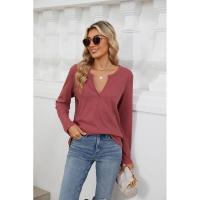 Camiseta de mujer primavera otoño cuello en V color sólido top suelto mujeres 90s coreano reseñas mucha ropa - details 3