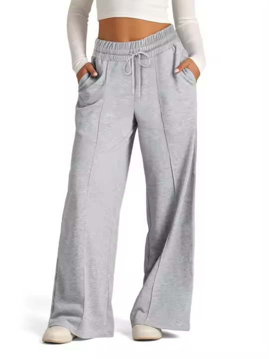 Cinturilla elástica de encaje para mujer, pantalones deportivos para mujer, piernas anchas, moda coreana gris claro - 1