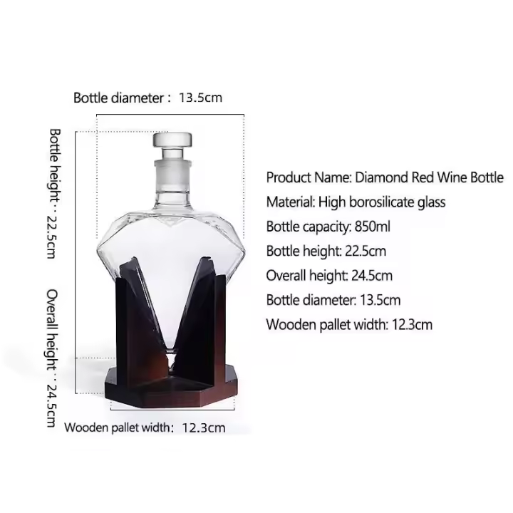 Botella de vino de diamante de alta calidad de 850 ml, soporte de madera, tapón hermético, adecuada para varios tipos de alcohol, regalos - 1