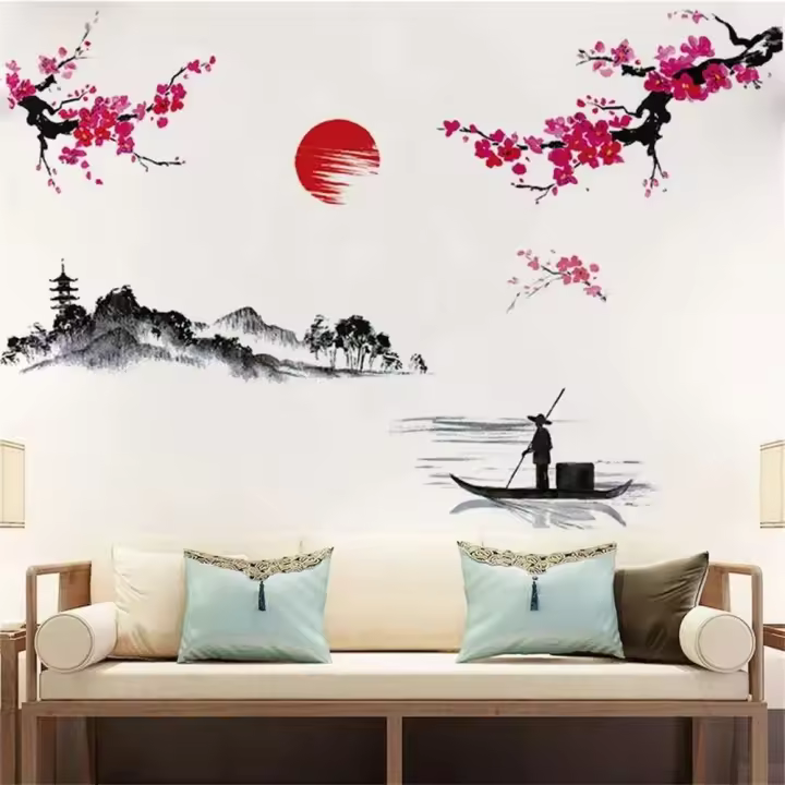 Pegatina de Pared de Arte Vinílico de Flor de Ciruela Paisaje Chino Tradicional para Decoración de Hogar 1pcs - 1