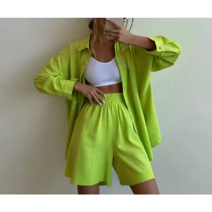 Camisa de manga larga con un solo pecho de color liso, pantalones cortos sueltos, informal de moda nuevo - 1