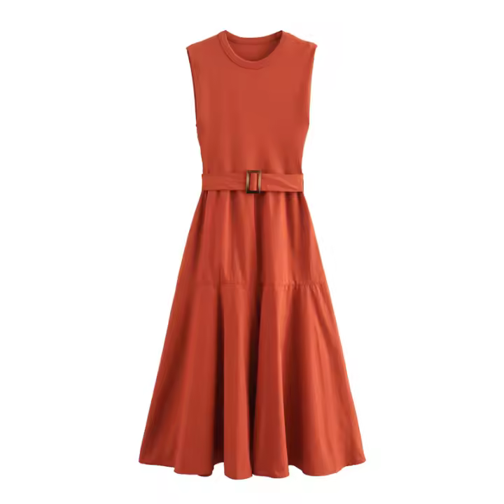 Elegante Vestido de Punto de Poliéster Cuello Redondo, Parche con Cinturón, Largo Media - 1