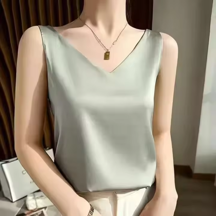 Top de Halter V para Mujer Camisola de Verano de Seda de Satén Blanco Vestido Delgado de Moda - 1