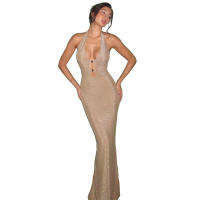 BUNO-vestido Maxi brillante con cuello Halter para mujer, vestido elegante de vendaje sin espalda recortado, cuello bajo, sin mangas, Bodycon femenino, bata de calle - details 12