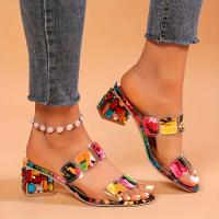 Sandalias elegantes de tacón alto para mujer con adornos de diamantes de imitación brillantes: plataforma, puntera abierta, diseño sin cordones, parte superior sintética, suela de goma, elegantes detalles azules y rosas, calzado de moda | Calzado Elegante - details 0