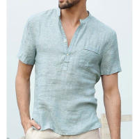 Camisetas informales de lino y algodón para hombre, camisas transpirables de manga corta con cuello en V y botones, S-5XL - details 6