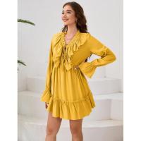 Vestido elegante de manga larga con cuello en V para mujer, vestido corto con volantes, color sólido, informal, nuevo en promoción - details 6