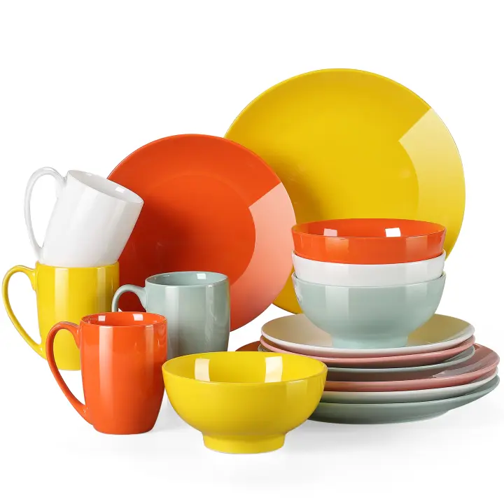 Juego de vajilla de cerámica y porcelana, 16 piezas, varios colores - 1