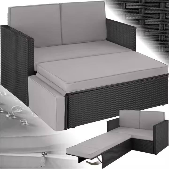 Sofá de Ratán con Taburete Reposapiés, Conjunto Jardín Sillón 2 Plazas, Mueble Jardín Exterior con Cojines Gruesos, Conjunto Terraza Resistente a la Intemperie y Estructura en Acero - Gris - 1