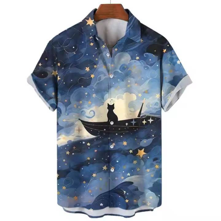 Camisa hawaiana de manga corta con estampado abstracto de gato para hombre, holgada, extragrande, informal, playa, verano, 2024 - 1