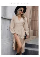 Vestido de manga larga con cuello en V para mujer, vestido dividido, línea A, color albaricoque, Surplice, otoño - details 2