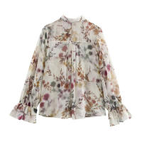 TRAFZA mujer 2025 primavera elegante blusa con estampado de flores solapa decorativa metálica manga larga puño con volantes camisas de moda - details 2