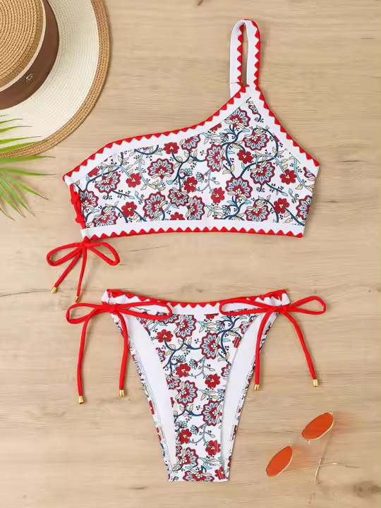 Traje de baño con estampado floral de un solo hombro para mujer, traje de baño femenino con cordón, 2024 - 1