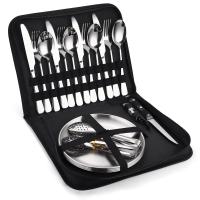 Cubiertos y Cucharas de Acero Inoxidable, Juego de Cubiertos Portátiles Dorados para acampar al Aire Libre, Plato para Barbacoa - details 7