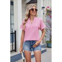BUNO-2025 Blusas informales para mujer, camisas holgadas de manga corta con cuello de pico de Jacquard bordado a la moda, Tops elegantes de colores sólidos para verano - details 33