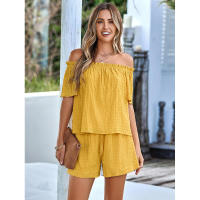 Conjunto de dos piezas de manga corta holgado de color sólido con hombros descubiertos informal para mujer, nueva colección primavera verano - details 15