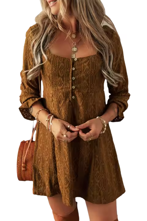 Elrachen Mini vestido abotonado de encaje de ganchillo con cuello cuadrado para mujer, castaño, tallas S-XL - 1