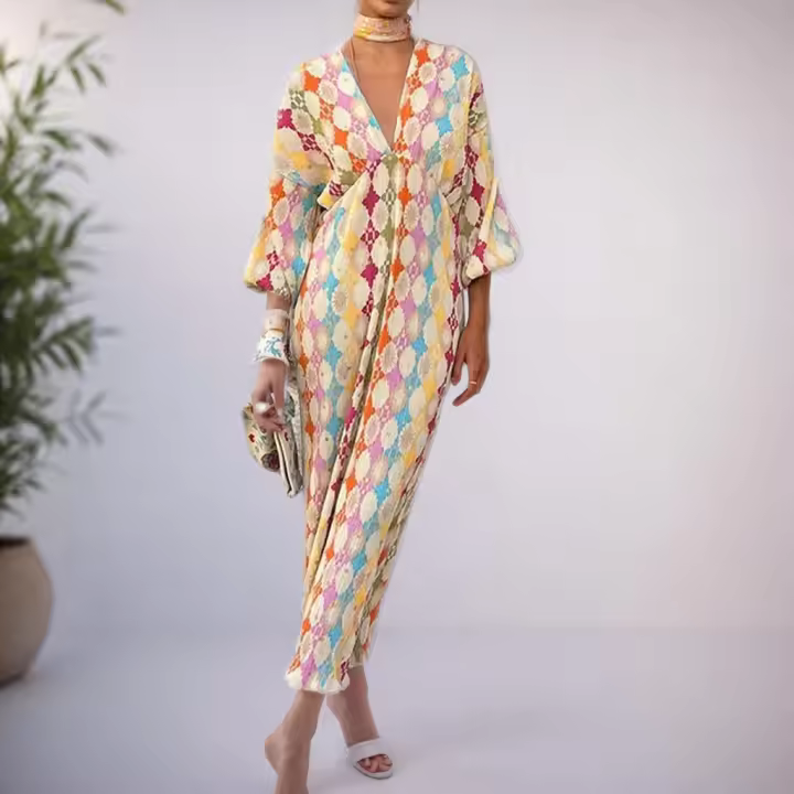 Vestido de mujer, 2025 Vestido largo elegante estampado con cuello en V y media manga para mujer - 1