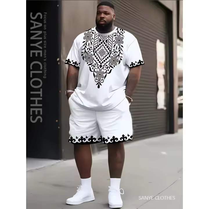 Conjunto de ropa deportiva informal de talla grande para hombre: camiseta de manga corta con estampado floral y pantalones cortos con bolsillo con cordón, mezcla de poliéster, lavable a máquina, TALLA GRANDE - 1