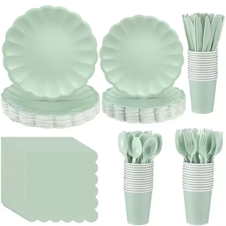 Vajillas Desechables Ligeras de Papel con Borde de Concha 350 Piezas para Bodas, Baby Showers, Picnics, Cumpleaños Juego de Cuchillos, Cucharas, Tazas para 50 Invitados - 1