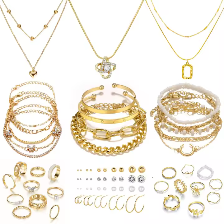 Juego de joyería chapada en oro de 36 piezas con 4 collares, 11 pulseras, 7 pendientes, 14 anillos de nudillos para mujeres y niñas, regalo de amistad, aniversario de San Valentín, cumpleaños - 1