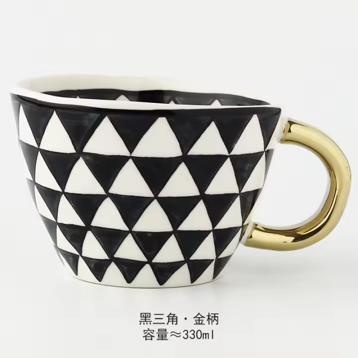 Taza de Cerámica Irregular Ancha Taza de Café con Mango Dorado Geométrico - 1
