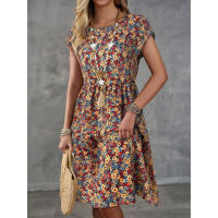 2025 nueva falda de manga corta con cintura elástica estampada elegante para mujer, vestido con cuello en V - details 4