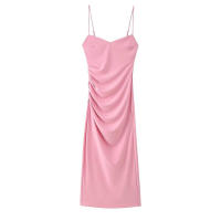 OUWU- Vestido Midi Con Tirantes Y Decoración Plisada De Color Sólido Con Temperamento Versátil A La Moda Para Mujer De Estilo Europeo - details 1