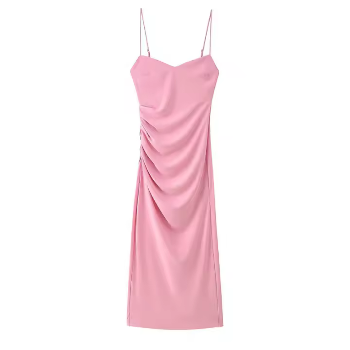 OUWU- Vestido Midi Con Tirantes Y Decoración Plisada De Color Sólido Con Temperamento Versátil A La Moda Para Mujer De Estilo Europeo - 1