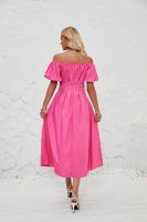 Vestido de verano de color liso plisado de cintura alta con mangas cortas y hombros descubiertos para mujer - details 0