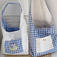 Bolso Vintage de dos caras a cuadros para mujer, bolso de hombro con entramado de ocio de estilo japonés, bolso de mano de lona para ir al trabajo al aire libre - details 12