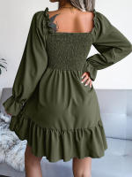Vestido elegante de manga larga para mujer, falda de cuello cuadrado, de Color sólido vestido de volantes, moda de primavera y otoño - details 6