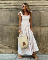 Vestido largo elegante a cuadros para mujer, vestido largo sin tirantes con volantes y espalda descubierta, plisado, cintura elástica, bohemio, para fiesta, holgado - details 6