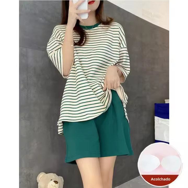 Conjunto de pijama de lata grande para mujer con almohadilla de verano estilo coreano moda suelta e informal estampado de rayas verdes ropa de casa - 1