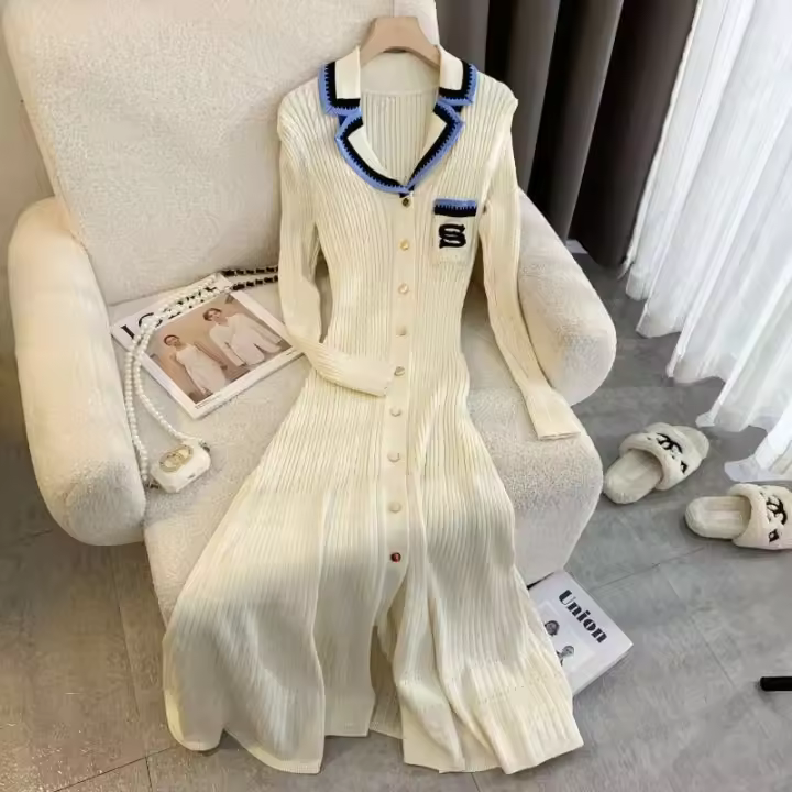 YuooMuoo elegante bordado carta tejido Maxi Otoño Invierno marca moda señora entallado negro suéter vestido batas de oficina - 1