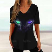 Camiseta Gráfica de Gato Kawaii Manga Corta, Estampado Haruku, Cuello en V, Ropa Suelta para Mujeres - details 7
