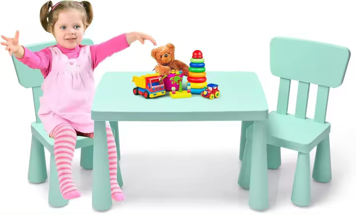 Juego de Mesa y Silla Infantil, Mesa con 2 sillas de plástico para niños, Conjunto de pupitres de Actividades para niños, Set de Mueble Infantil de 3 Piezas, Apto para 1-7 años (Azul) - 1