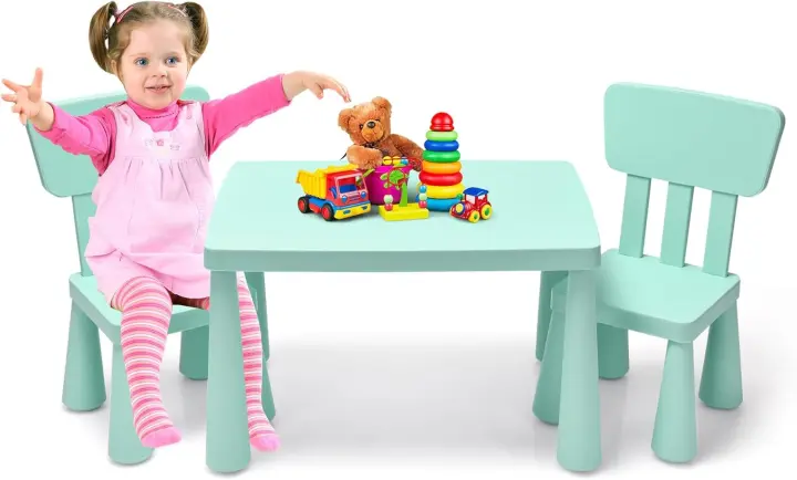 Juego de Mesa y Silla Infantil, Mesa con 2 sillas de plástico para niños, Conjunto de pupitres de Actividades para niños, Set de Mueble Infantil de 3 Piezas, Apto para 1-7 años (Azul) - 1