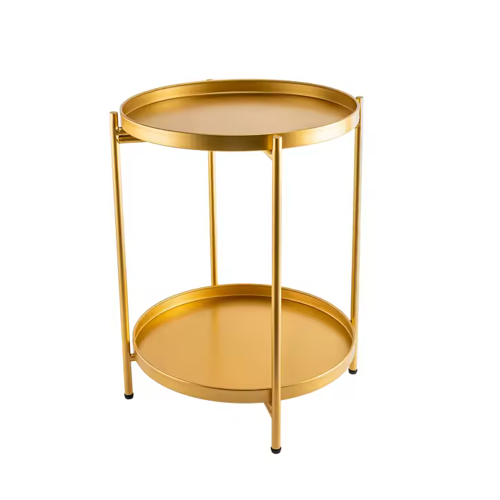 Mesa auxiliar redonda de Metal con pies antideslizantes, de 2 niveles mesita de noche, gran espacio de almacenamiento, color dorado - 1