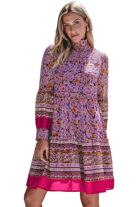 Elrachen Mini vestido floral con cuello alto y manga abullonada para mujer, color morado, tallas S-XL - 1