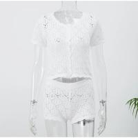 Conjunto de camisa de punto con cuello redondo para mujer, traje elegante de ganchillo con agujeros, pantalones cortos de cintura alta, trajes de vacaciones para mujer, verano - details 1