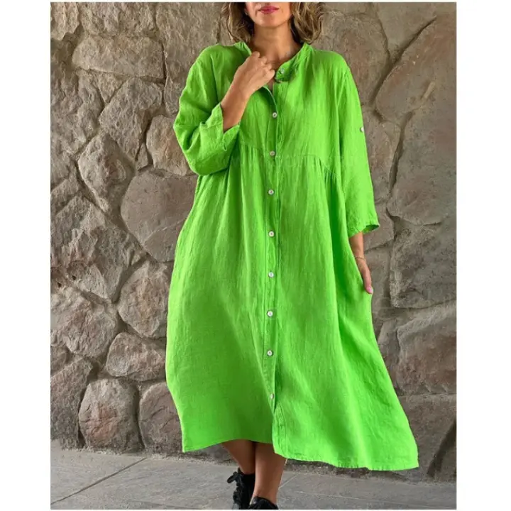 Vestido Largo Casual de Lino y Algodón de Color Sólido para Mujer 2025 - 1