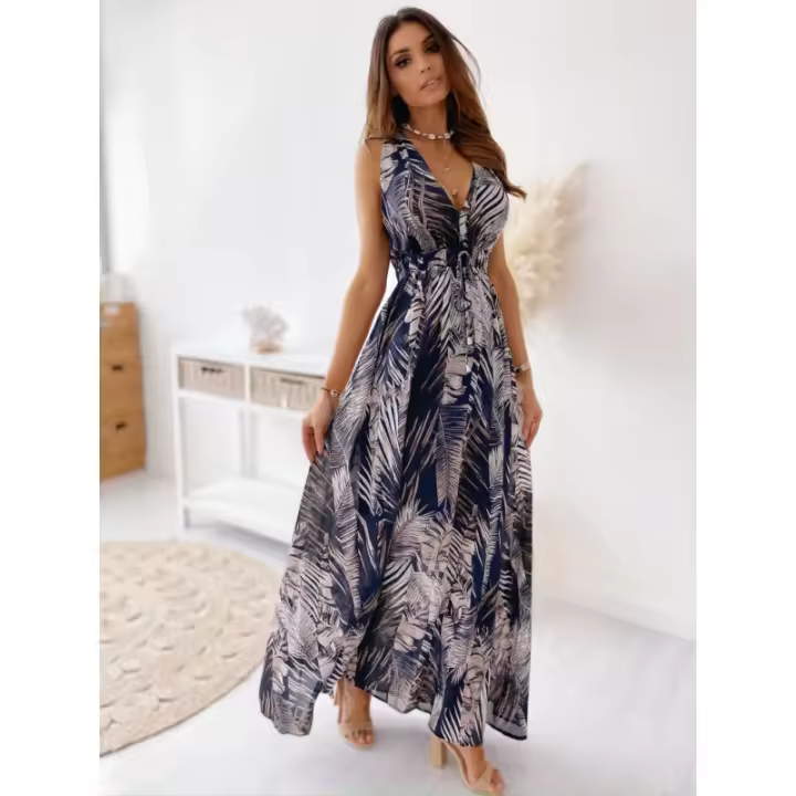 Vestido de verano con cuello en V para mujer, vestido estampado de moda - 1